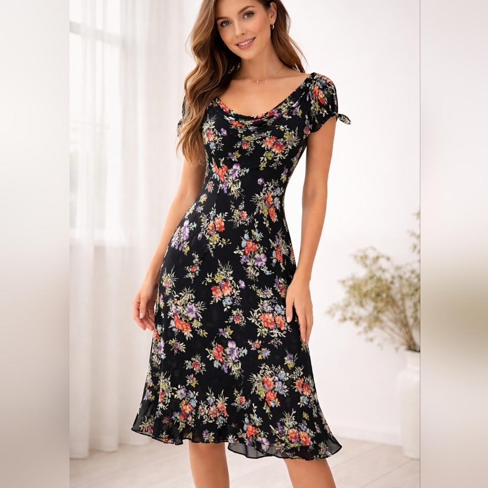 VINTAGE Y2K JONES NEW YORK Dark Floral Tie Cap Sleeve Chiffon Midi Dress Size 4